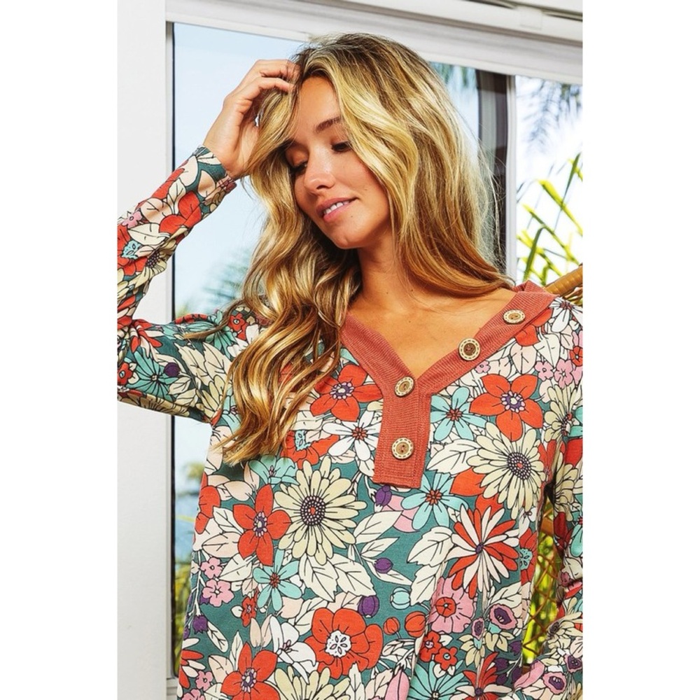 BiBi Soft Olive/Rust French Terry V Neck Floral Top with Thermal Contrast!